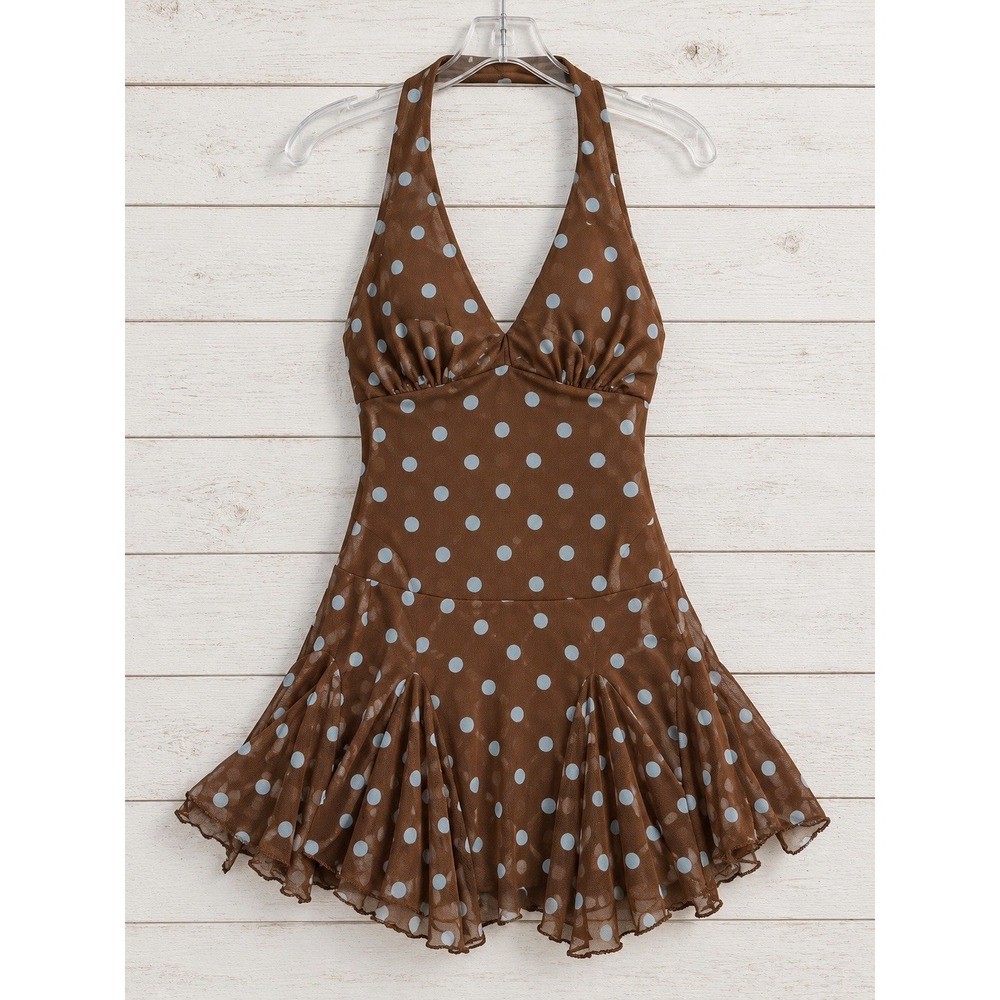 Vibe Women's M Brown Blue Polka Dot Halter Ruffle Mini Dress NWT